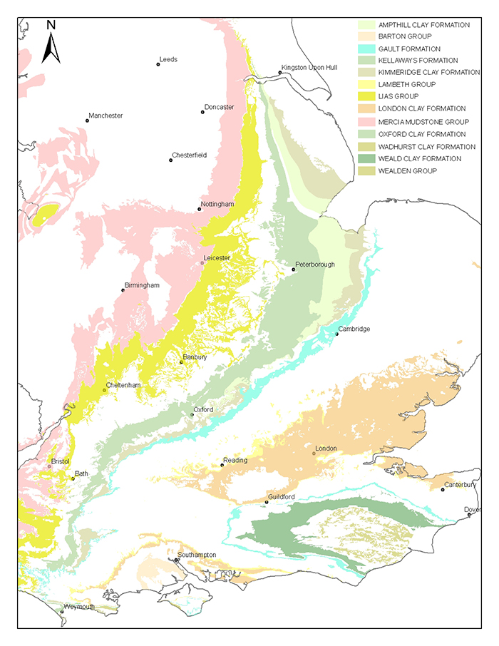 Map showing rock formations most susceptible to shrink–swell behaviour, mainly in the south-east of Britain.