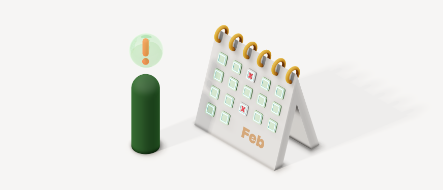 Isometric illustration of a February desk calendar with tick boxes and a few scheduled inspection days marked in red, next to a green figure with an exclamation alert.