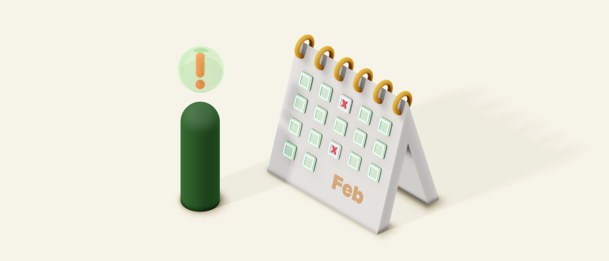 Isometric illustration of a February desk calendar with tick boxes and a few scheduled inspection days marked in red, next to a green figure with an exclamation alert.