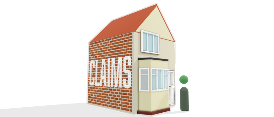House illustration with ‘CLAIMS’ text on the side wall.