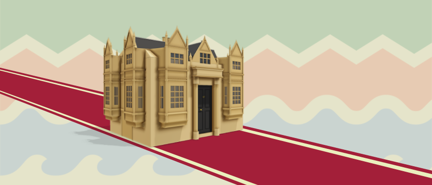 Illustration of a listed building on a red carpet for an article about how to get a building heritage listed