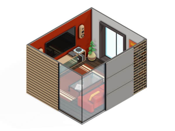 isometric illustration of a house built with with multiple non-standard construction materials