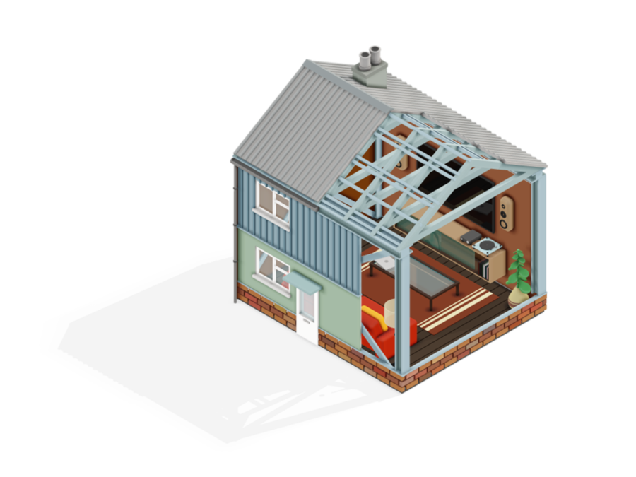 Isometric illustration of a UK post war prefabricated house