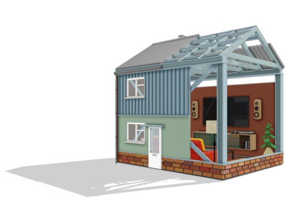 A perspective illustration of a prefabricated house