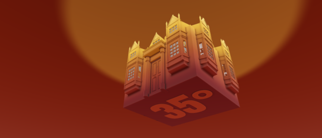 Illustration of a listed home during a heatwave, with a 35° temperature marker against a war red background