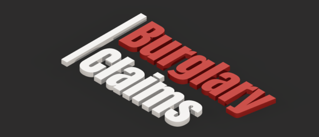 3D text reading 'Burglary Claims' on a dark background