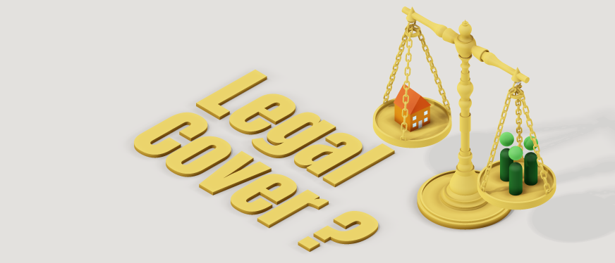 Gold scales balancing a family and home beside the words “Legal Cover?”, representing family legal protection insurance.