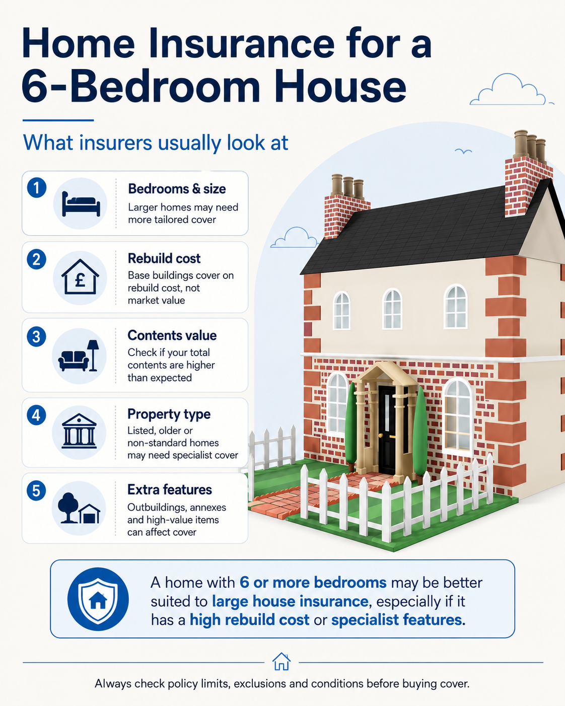 Infographic showing key insurance factors for a 6-bedroom house, including size, rebuild cost, contents value, property type and extra features