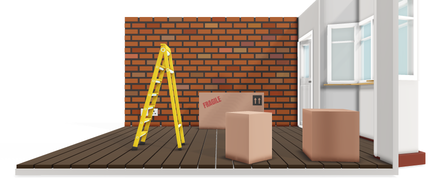 Illustration of an empty property with moving boxes and a ladder, representing insurance for homes left unoccupied