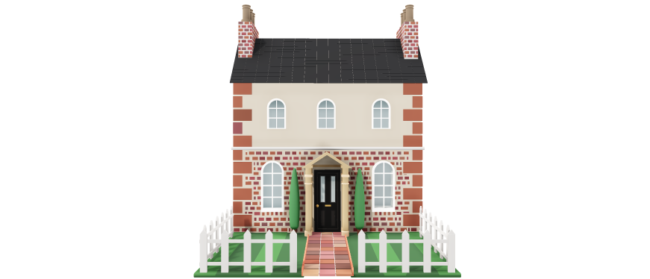 Illustration of a large detached brick house with a front garden, representing home insurance for a 6-bedroom house