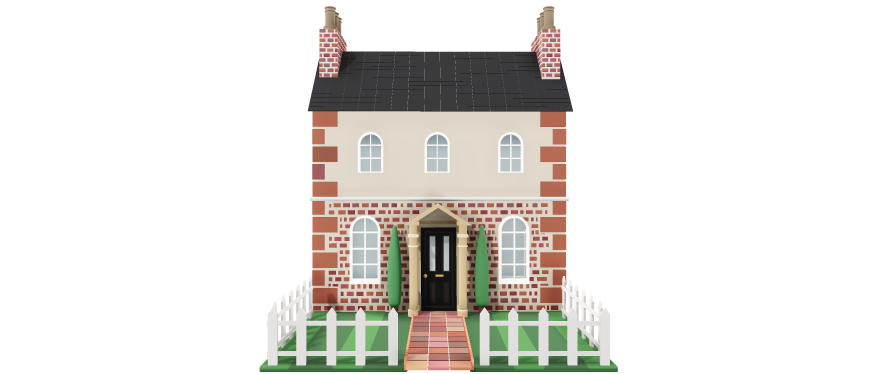 Illustration of a large detached brick house with a front garden, representing home insurance for a 6-bedroom house
