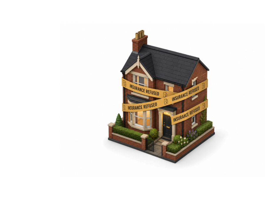 3D isometric illustration of a brick house wrapped in yellow 'Insurance Refused' tape, representing non-standard home insurance services.