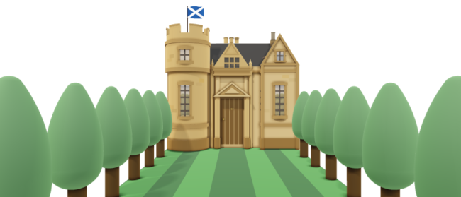 A 3D illustration of a Category A Scottish historic building with a Saltire flag, viewed down a tree-lined garden.