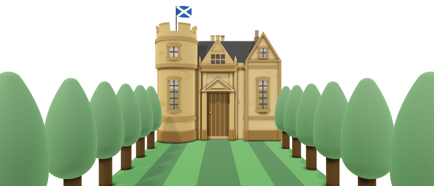 A 3D illustration of a Category A Scottish historic building with a Saltire flag, viewed down a tree-lined garden.