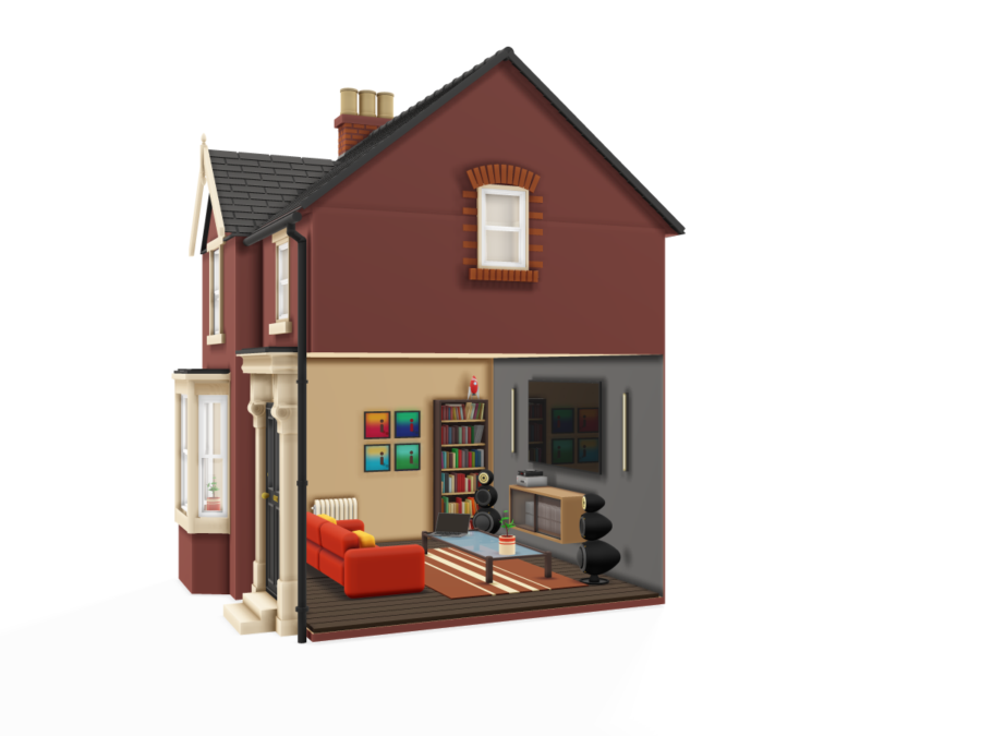 Cutaway illustration of a house showing its exterior structure and furnished living room, representing buildings and contents insurance cover.
