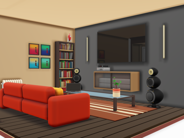 Cutaway view of a furnished living room showing the walls, floor, ceiling and household possessions covered by buildings and contents insurance.