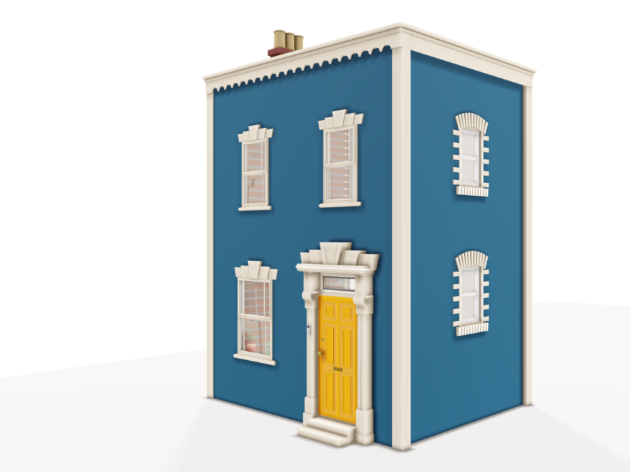 3D illustration of a two-story blue house with a flat roof and a yellow door, representing properties covered by flat roof insurance.