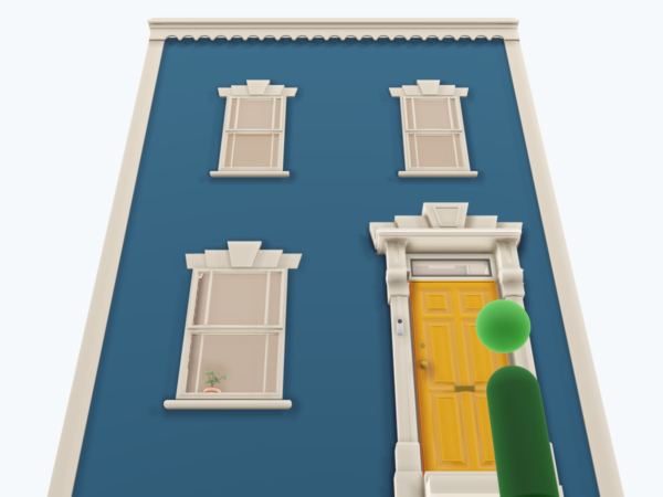 Low-angle view of an abstract green figure standing in front of a blue flat-roof house, representing a homeowner.