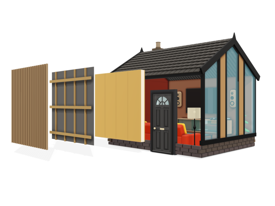 Cutaway illustration of a modern SIP home with timber cladding, ventilated battens, breather membrane and insulated wall panels shown in an exploded view.