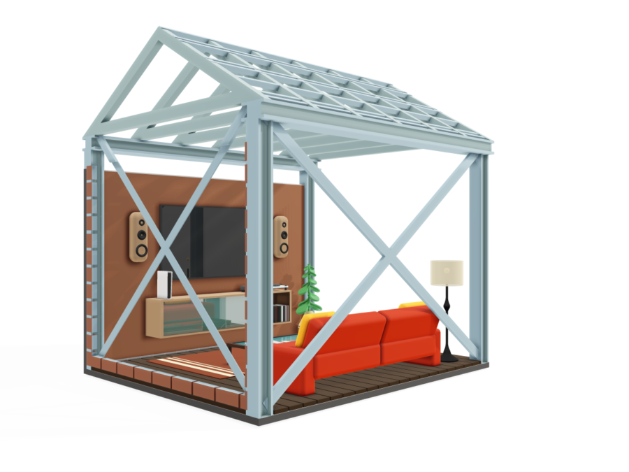3D cross-section of a steel-framed house enclosing a modern living room, representing specialised home insurance.