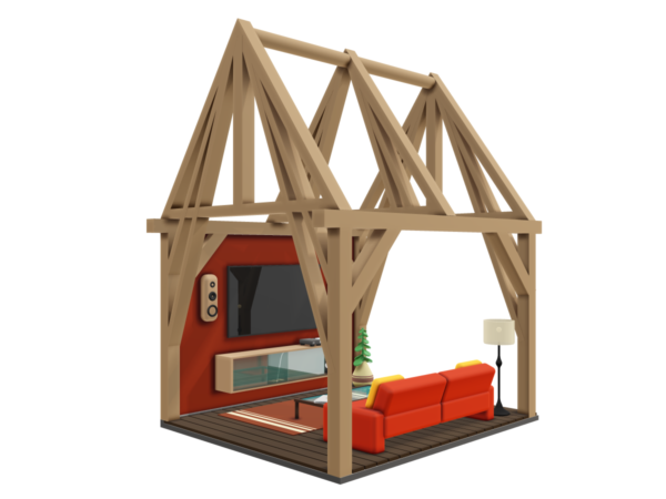 D cross-section of a timber-framed house enclosing a modern living room, representing specialised home insurance