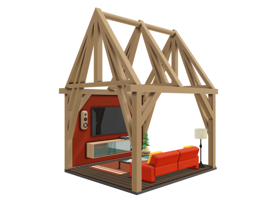D cross-section of a timber-framed house enclosing a modern living room, representing specialised home insurance