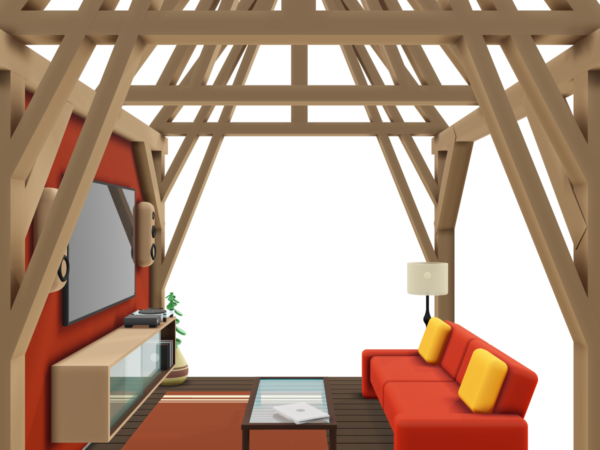 Front-facing 3D render of a timber-framed home interior, illustrating specialised insurance for timber-built houses.