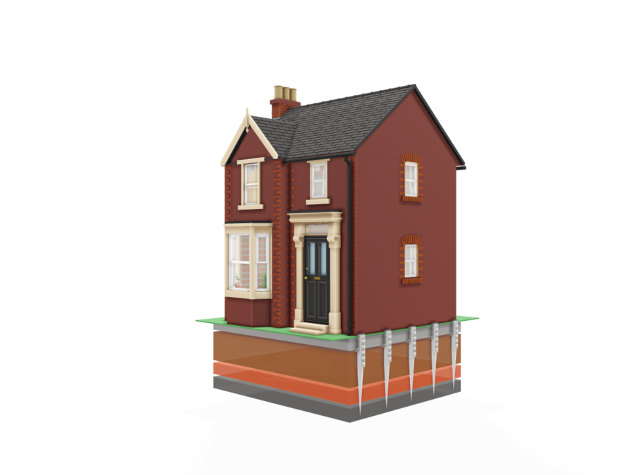 Illustration of a typical UK house supported by piled underpinning beneath its foundations
