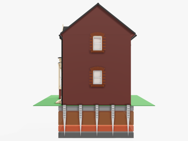 Cutaway view of mini-piled underpinning transferring a house’s weight through clay soil to stable ground