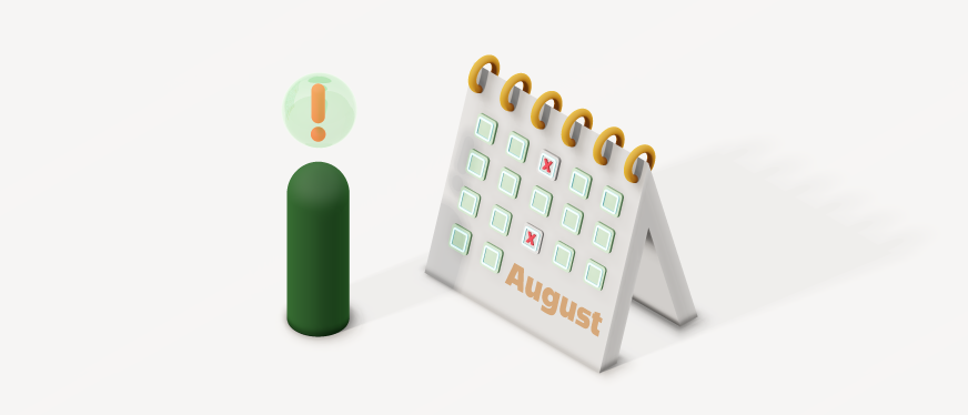 Isometric illustration of a August desk calendar with tick boxes and a few scheduled inspection days marked in red, next to a green figure with an exclamation alert.