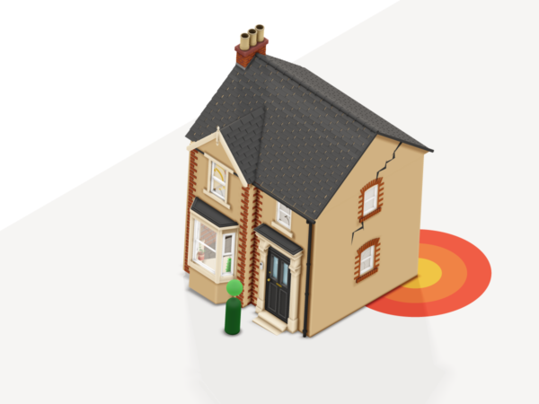 Isometric 3D model of a house with subsidence wall cracks, featuring a green pawn figure and an expanding risk zone indicator