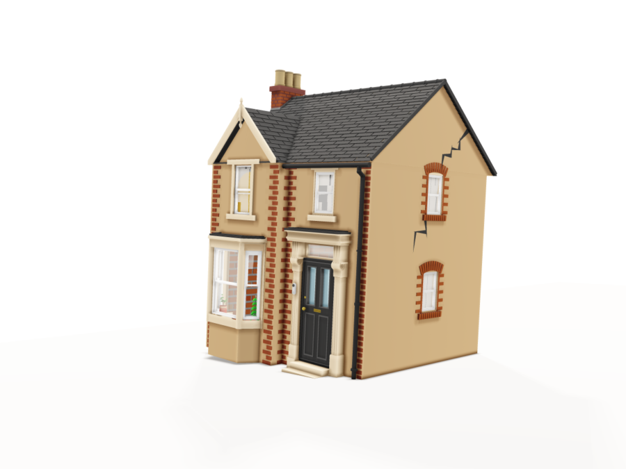 3D illustration of a detached brick house with visible structural subsidence cracks along the exterior wall
