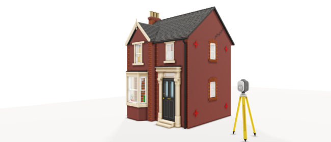 Red-brick house with crack-monitoring points and surveying equipment during a subsidence investigation