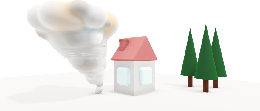 Illustration of a tornado approaching a house and nearby trees