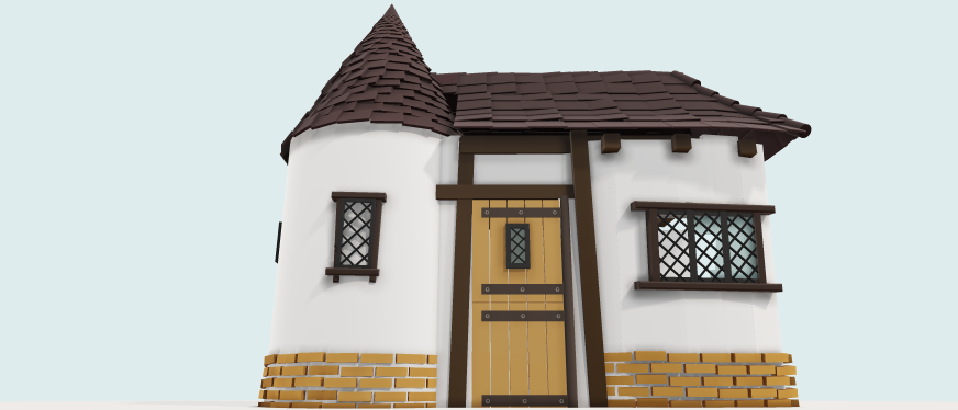 Illustration of a traditional listed building with a turret, tiled roof and timber-framed entrance