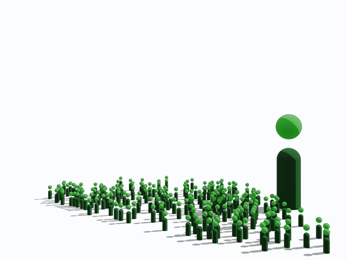 Large green Intelligent Insurance ‘i’ standing beside a crowd of smaller matching figures