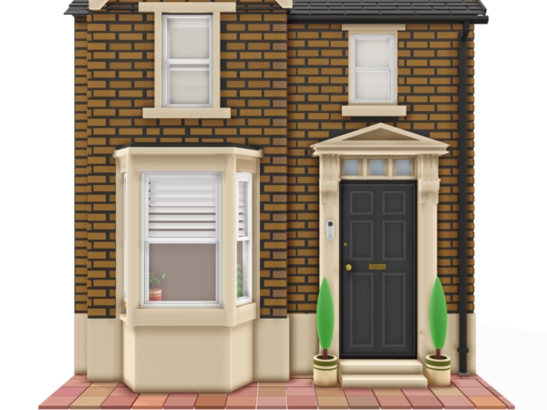 Front view of a traditional brick house with bay window and entrance