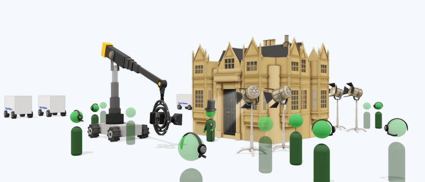 Illustration of a film crew, camera crane and studio lights surrounding a listed country house used as a filming location.