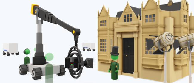 Illustration of a film crew, camera crane and studio lights surrounding a listed country house used as a filming location.