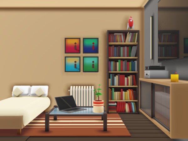 3D illustration of a lodger’s room with personal belongings in shared accommodation
