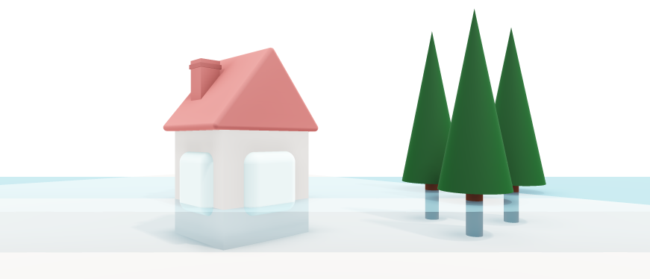 Illustration of a house surrounded by floodwater, with three trees nearby