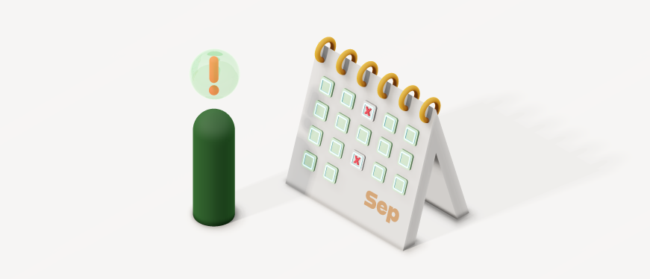 Isometric illustration of a September desk calendar with tick boxes and a few scheduled inspection days marked in red, next to a green figure with an exclamation alert.