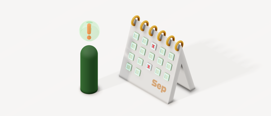 Isometric illustration of a September desk calendar with tick boxes and a few scheduled inspection days marked in red, next to a green figure with an exclamation alert.