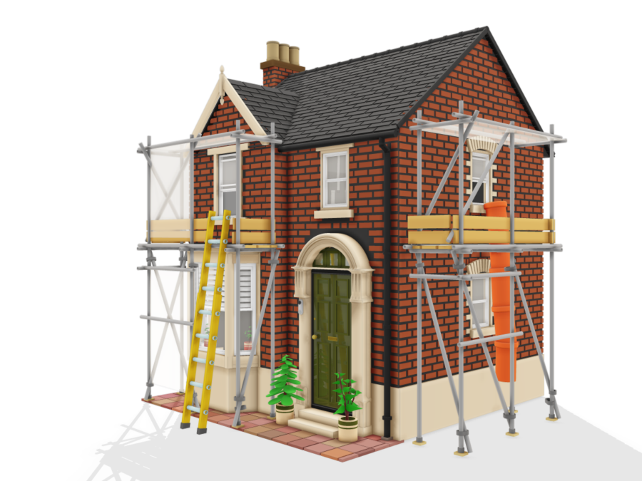 Victorian red-brick house surrounded by scaffolding during renovation work
