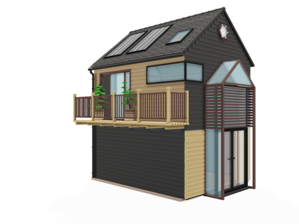 3D illustration of a modern eco-home with solar panels, timber cladding, large windows and a balcony.
