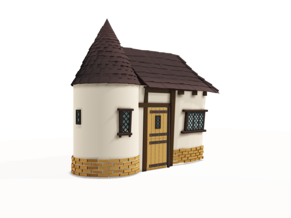 3D illustration of a traditional period property with a tiled turret and timber framing, representing specialised old house insurance for heritage homes in the UK.