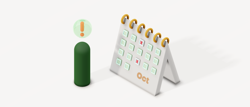 Isometric illustration of a October desk calendar with tick boxes and a few scheduled inspection days marked in red, next to a green figure with an exclamation alert.