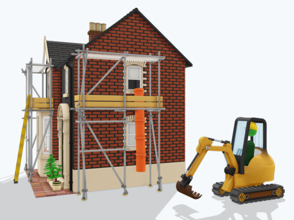 Model of a two-storey red brick home undergoing structural renovations with scaffolding, debris chute, and an excavator operator.